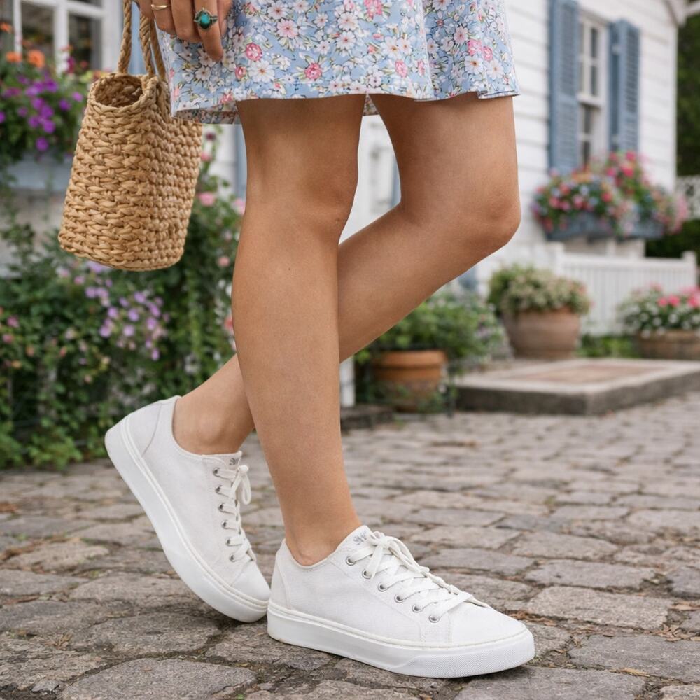 Stuart Weitzman SZ 8.5 Canvas Sammy Twill Sneaker in White $325